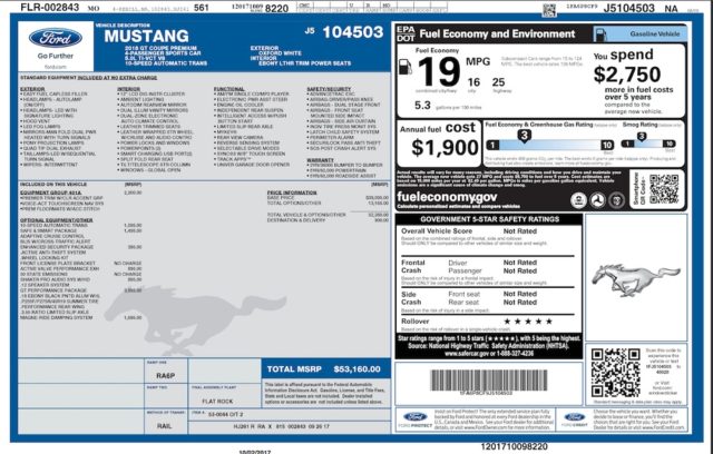 2018 Ford Mustang GT Window Sticker