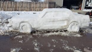 themustangsource.com Nebraska Family Sculpts Snow into a Vintage Ford Mustang