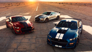 Red, White and Blue Ford GT500 Triplets on aiport runway for Ford photoshoot
