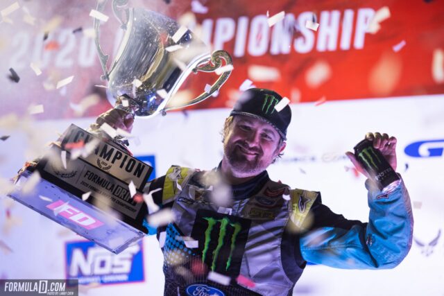 Vaughn Gittin Jr Holding 2020 Formula Drift Championship Trophy after 2020 Win